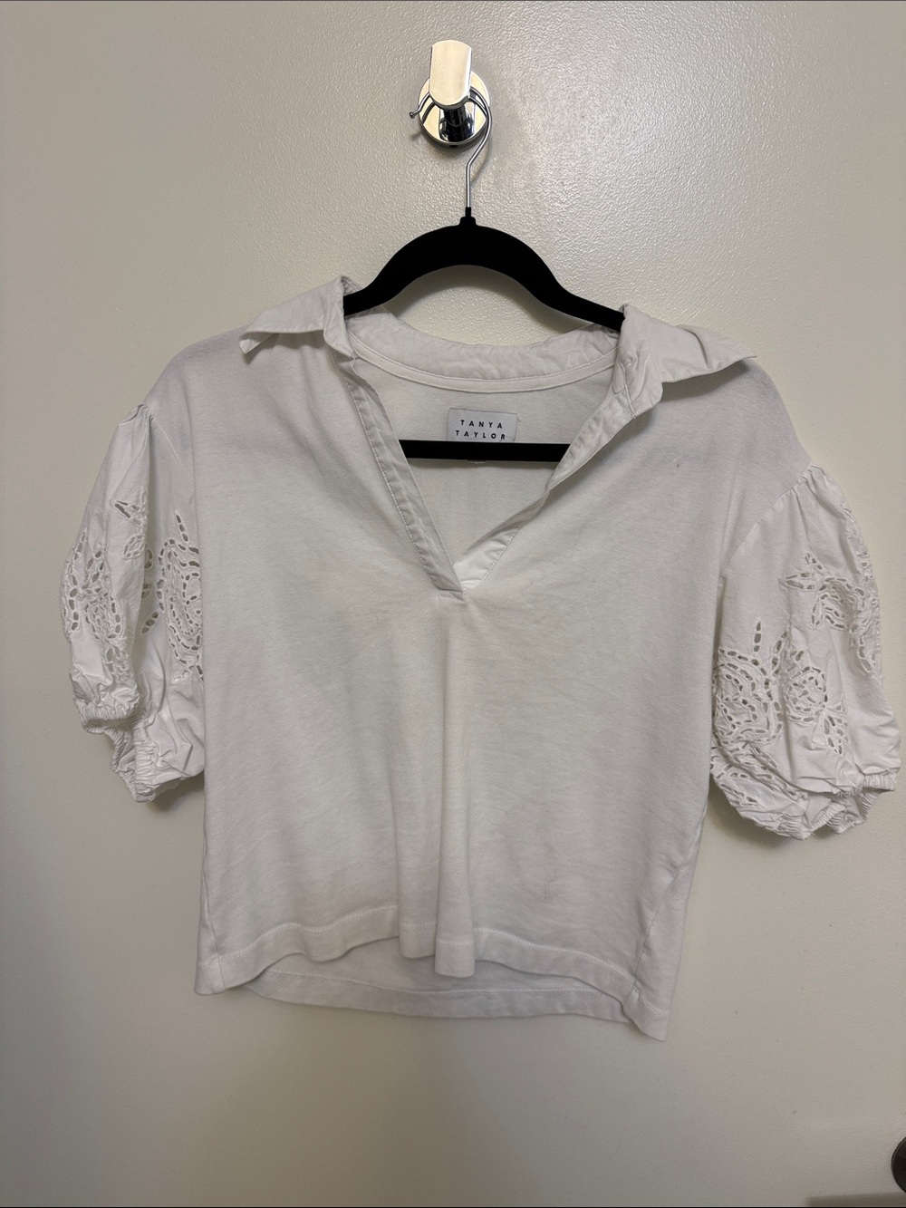 Tanya Taylor White Eyelet Puff-Sleeve Collared V-Neck Top